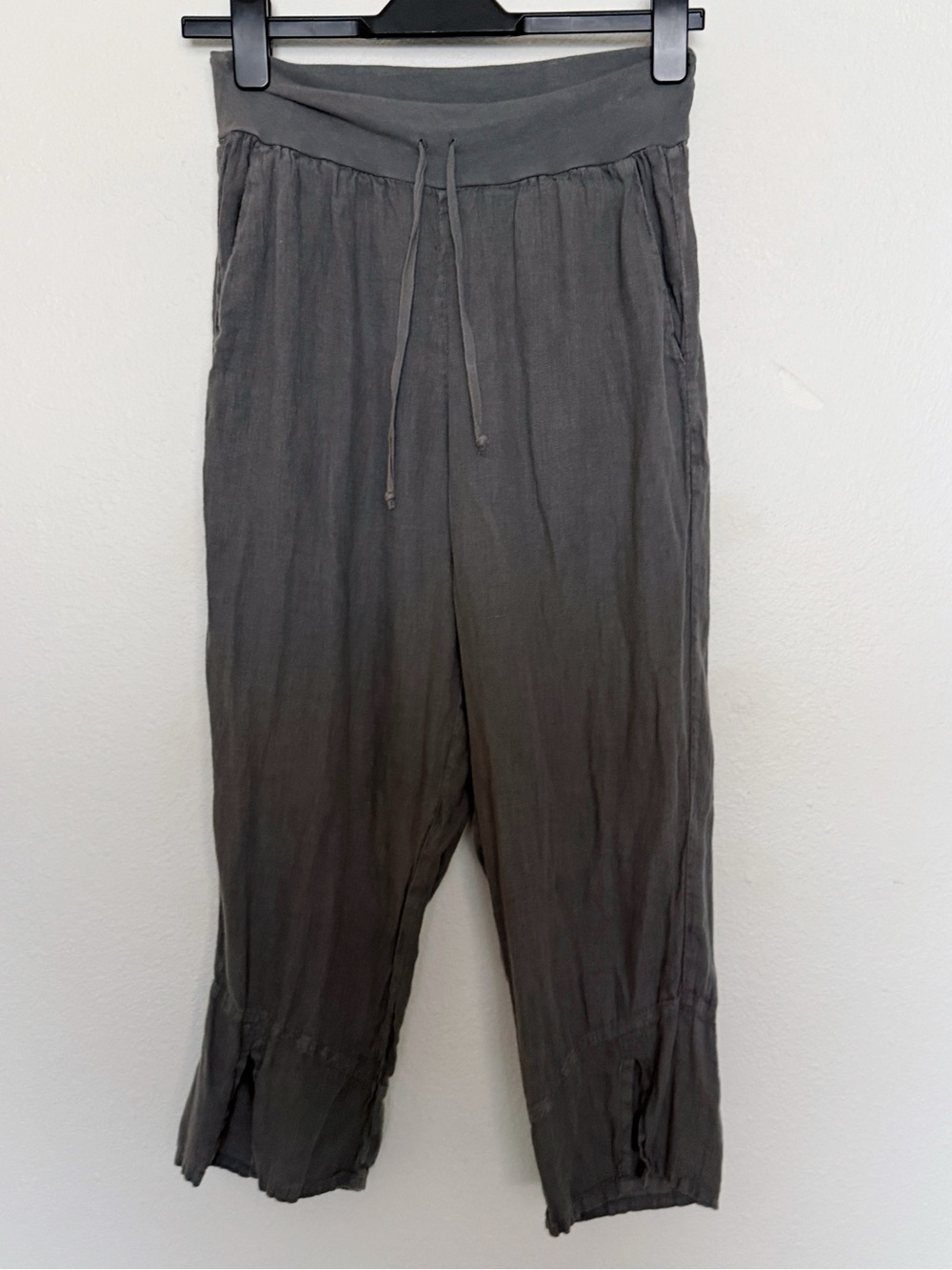 FLAX Linen Crop Pants Gray Pull On Relaxed Straight Capri Lagenlook